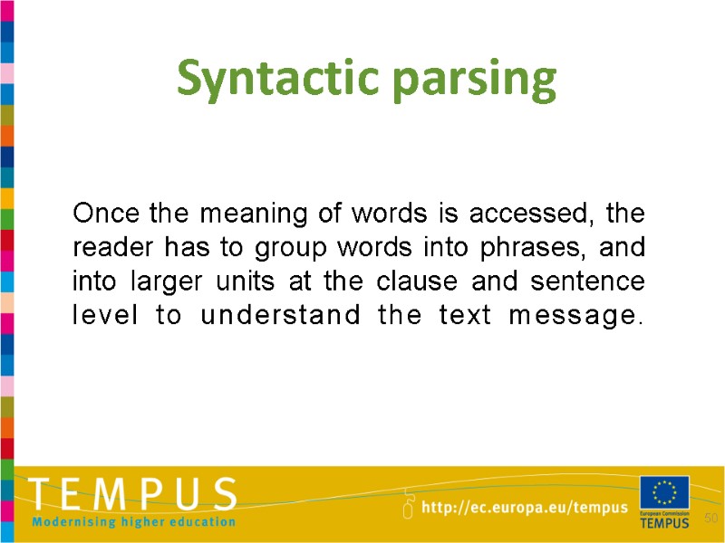 50 Syntactic parsing Once the meaning of words is accessed, the reader has to